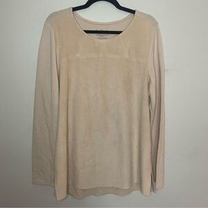 Chicos Shirt Women's 2 Large Cream Faux Suede Mixed Media Long Sleeve Tee